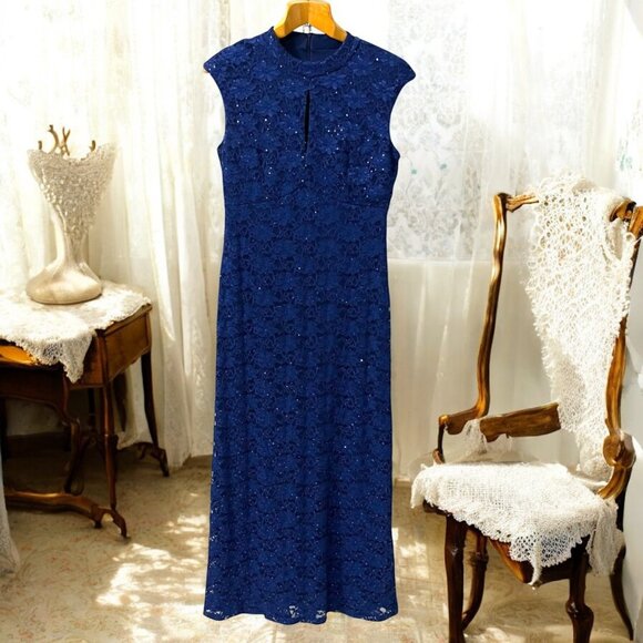 Connected Apparel Navy Blue Lace MOB Formal Evening Gown Maxi Dress Size 16 - Picture 3 of 9